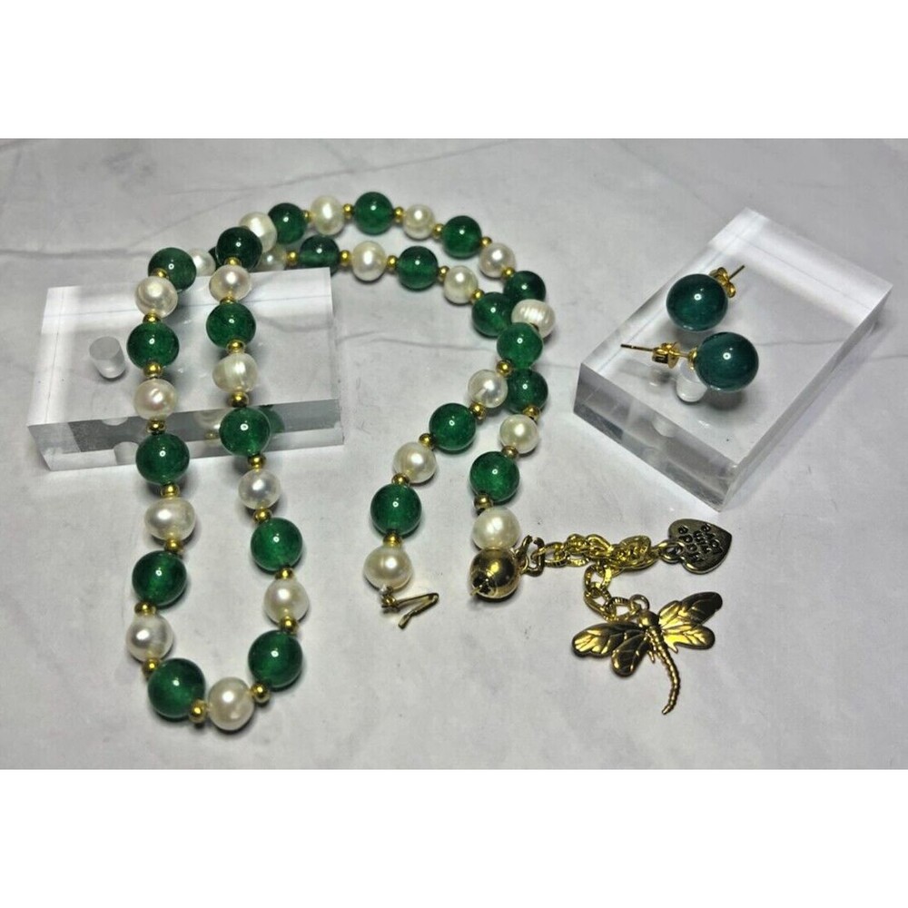 Green Jade/Natural Freshwater Pearls Necklace & Earring Set, (0116)